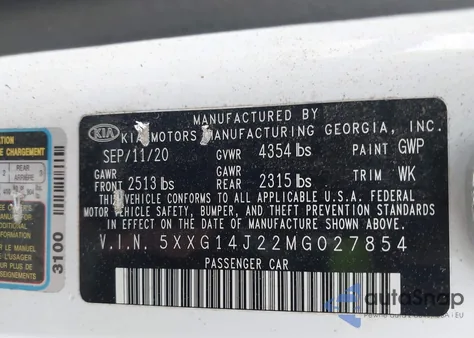 2021 Kia K5 Lxs z USA, uszkodzony, nr VIN 5XXG14J22MG027854